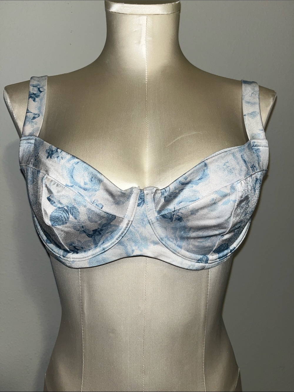 Light Blue rose toile Floral Underwire push up swim top bikini Adjustable Straps